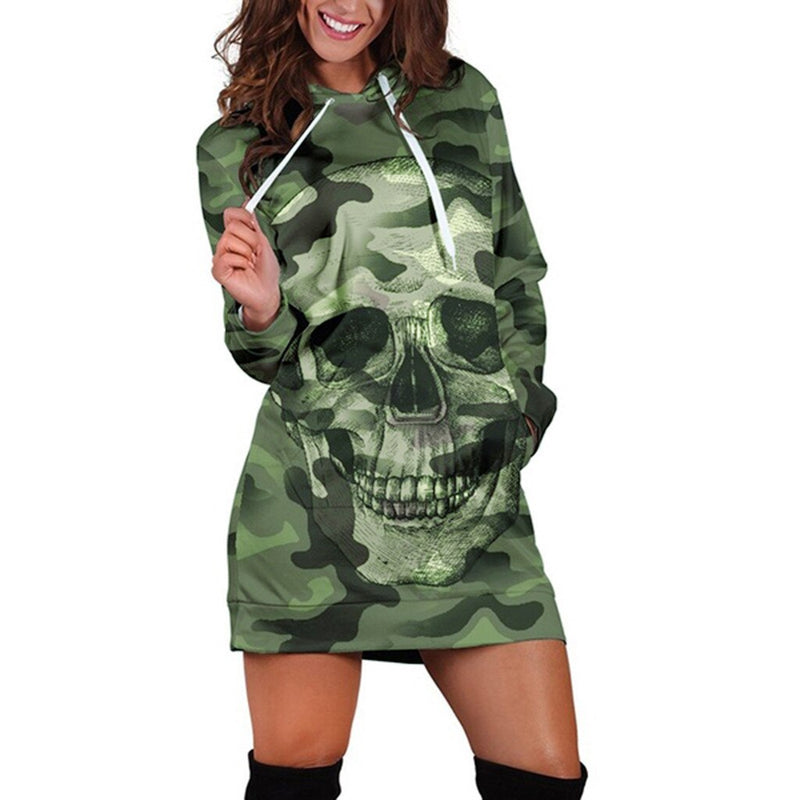 Camouflage Skull Print Mini Dress Hoodies