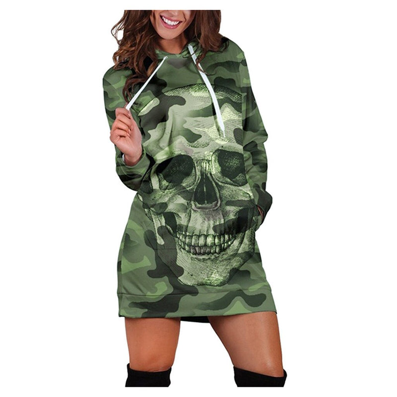 Camouflage Skull Print Mini Dress Hoodies