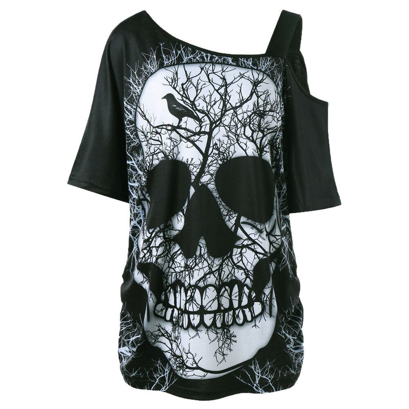 Short Sleeve Skew Collar Skull T-Shirt