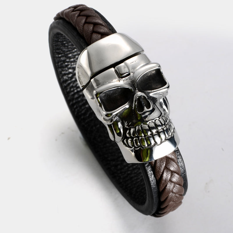 Men's Stainless Steel Leather Skull Bracelet