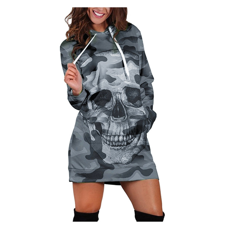 Camouflage Skull Print Mini Dress Hoodies