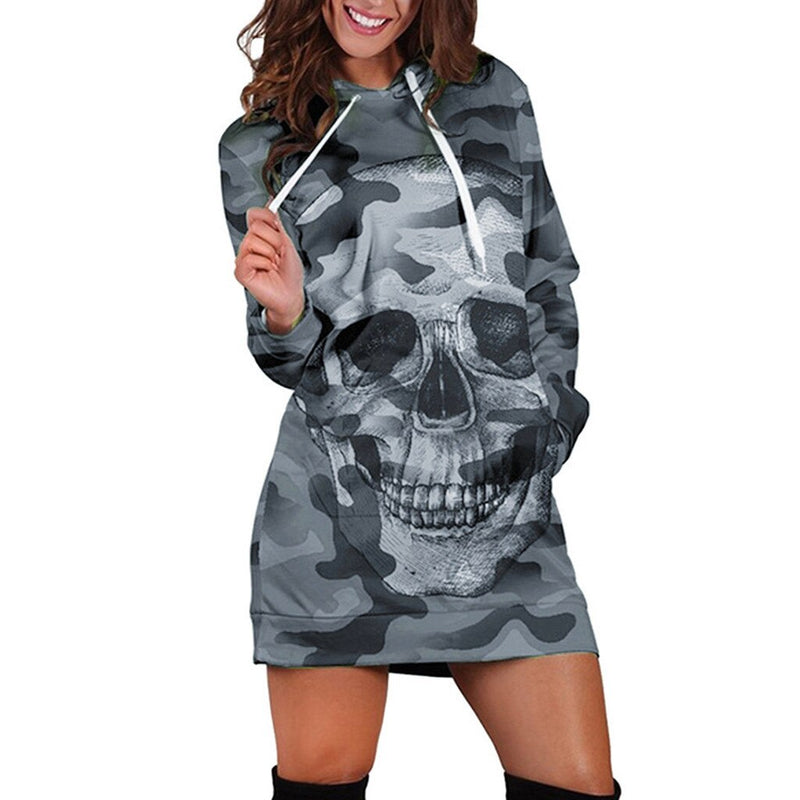 Camouflage Skull Print Mini Dress Hoodies