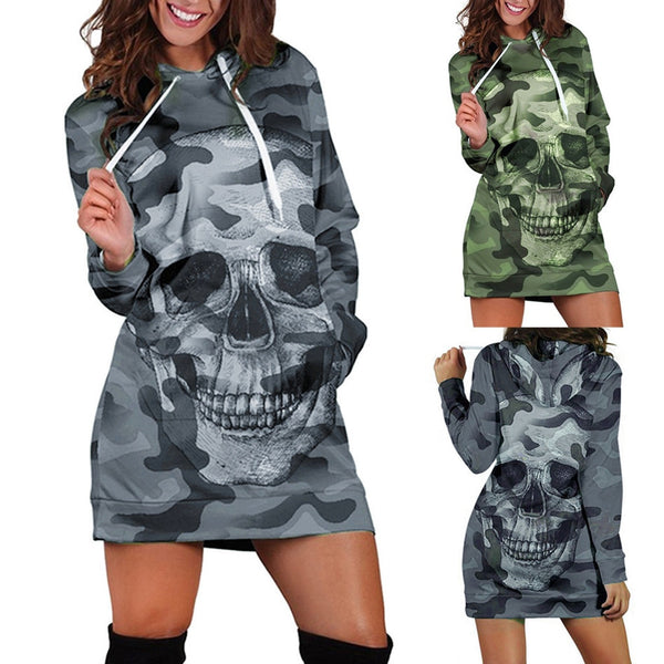 Camouflage Skull Print Mini Dress Hoodies