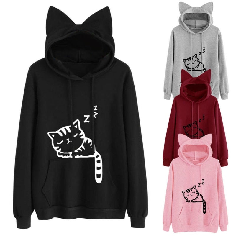 Cat Printed Long Sleeve Hoodies