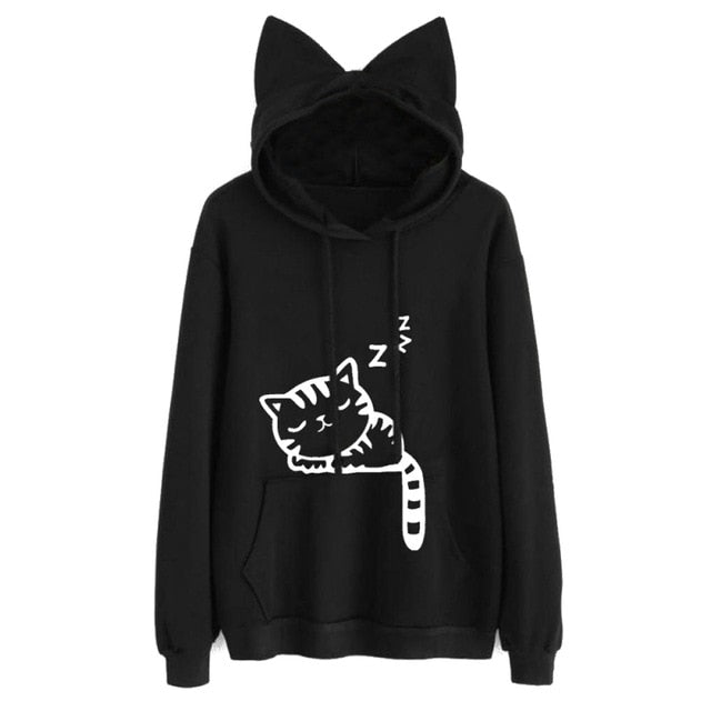 Cat Printed Long Sleeve Hoodies