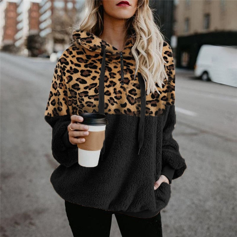 Casual Loose Plush Leopard Patchwork Hoodies