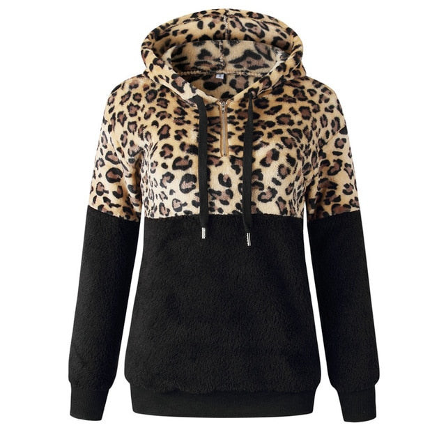 Casual Loose Plush Leopard Patchwork Hoodies