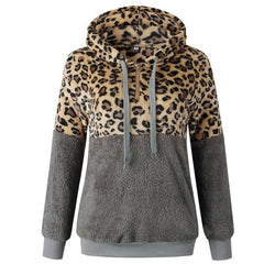 Casual Loose Plush Leopard Patchwork Hoodies