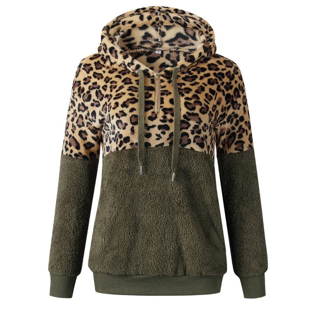 Casual Loose Plush Leopard Patchwork Hoodies