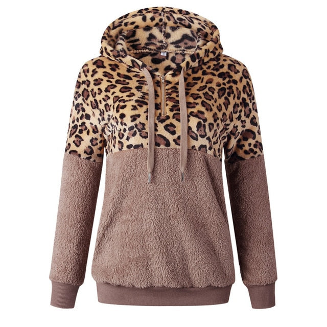 Casual Loose Plush Leopard Patchwork Hoodies