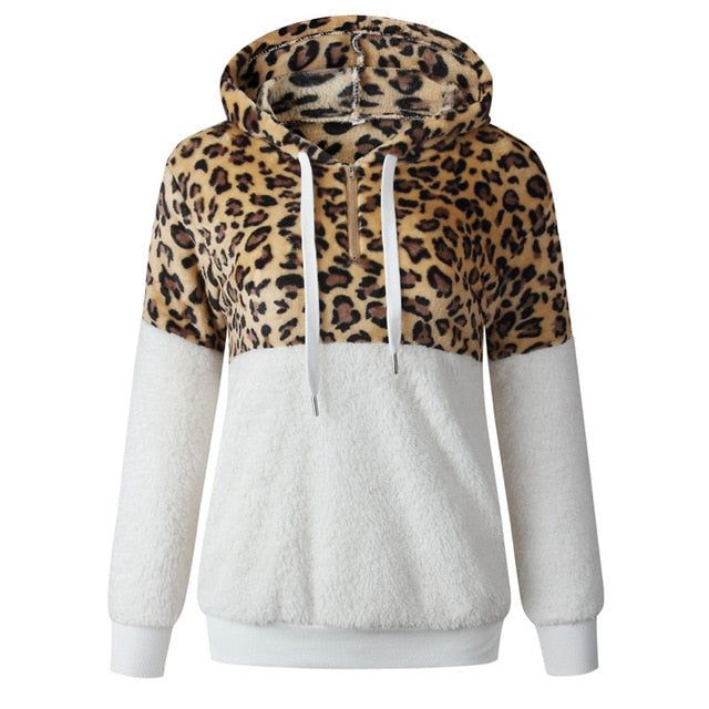 Casual Loose Plush Leopard Patchwork Hoodies