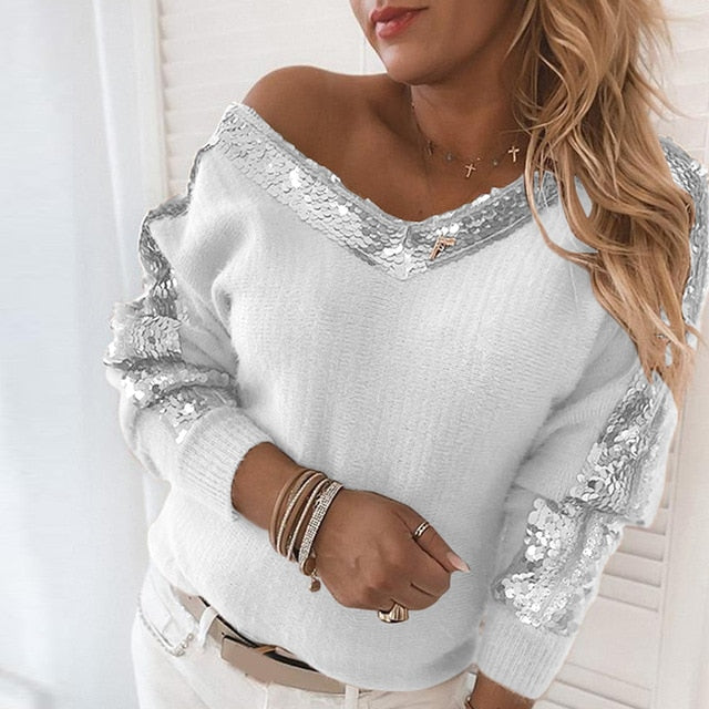 Women Elegant Solid Sequin Winter Sweatshirts