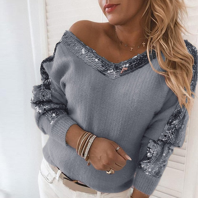 Women Elegant Solid Sequin Winter Sweatshirts