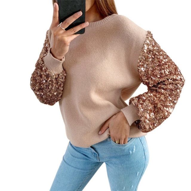 Women Elegant Solid Sequin Winter Sweatshirts